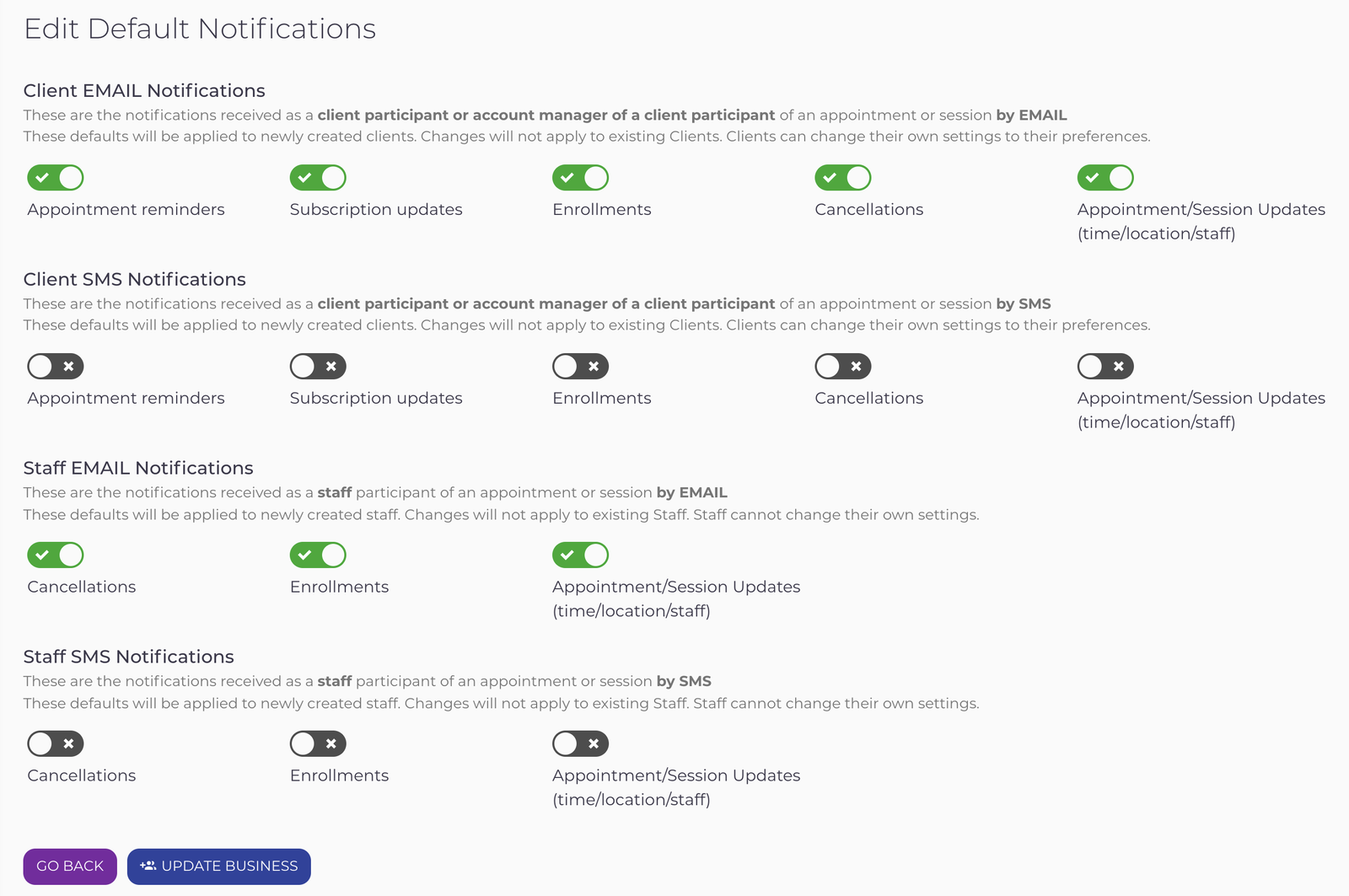 Configuring Default Client and Staff Notifications