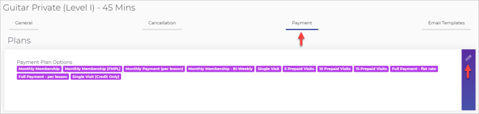 Under the Payment tab > Plans, click on the editpencil icon